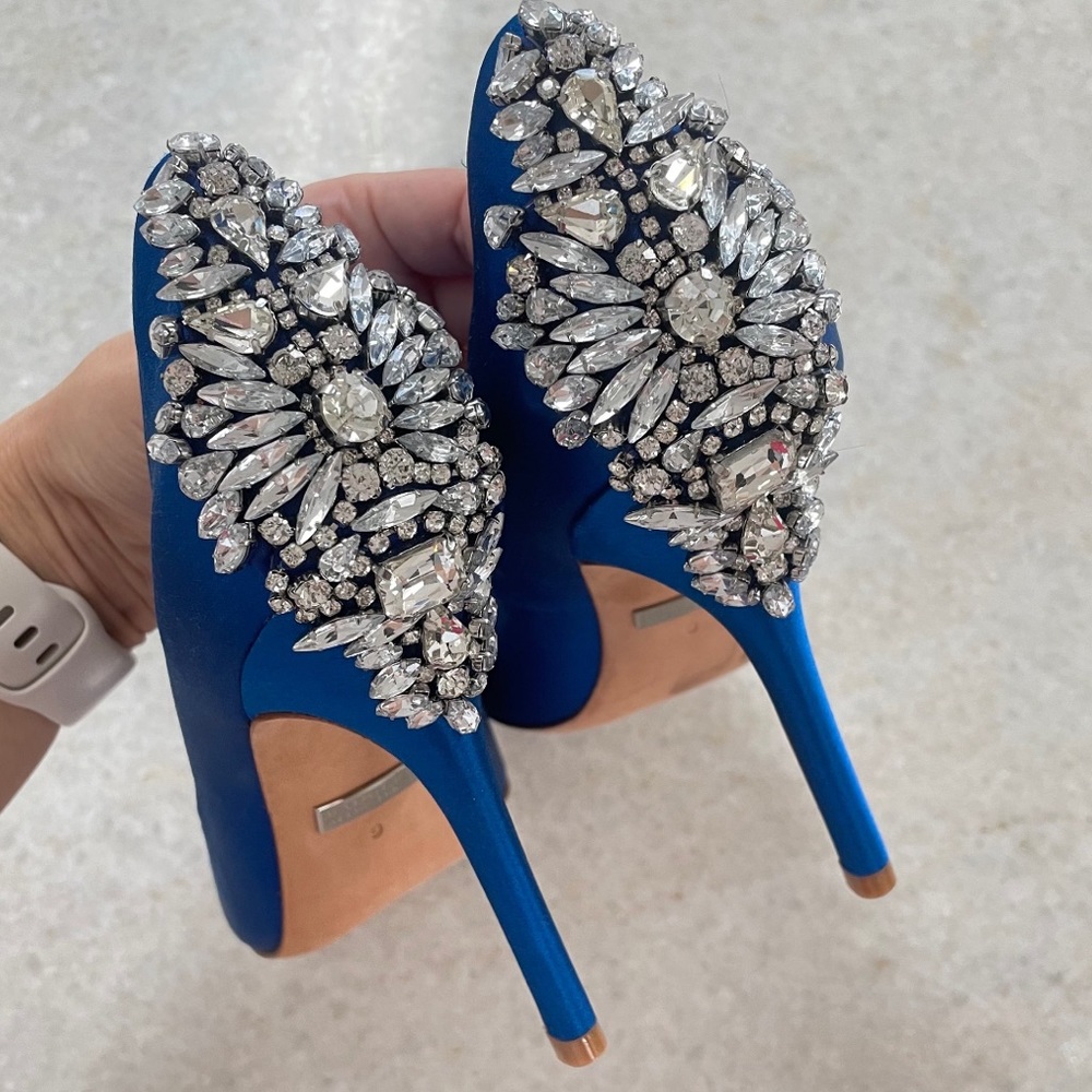 Badgley Mischka Kiara Embellished Peep-Toe Heels Royal Blue Size 9 ✨